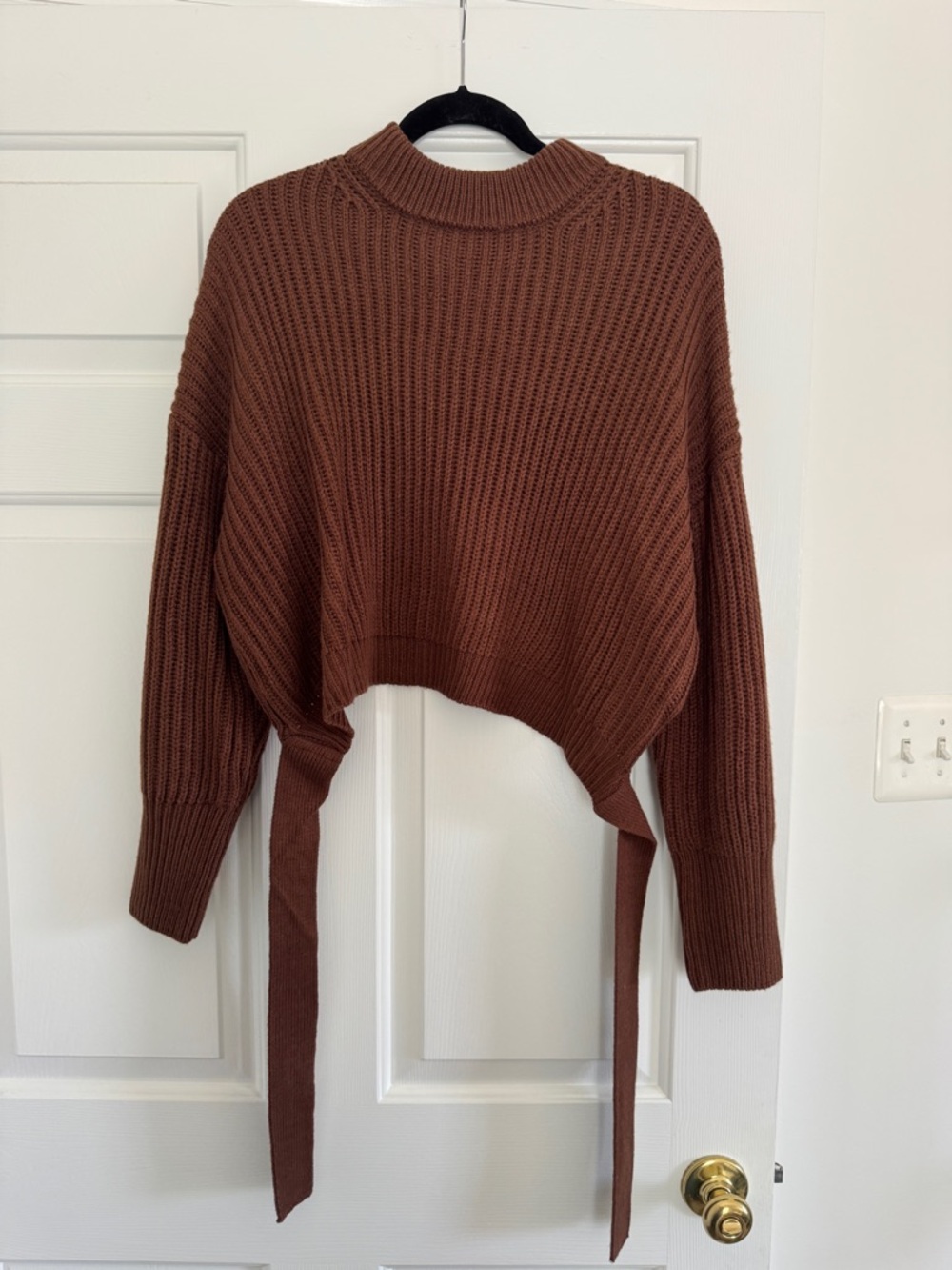 ASOS Cropped Tie-Detail Ribbed Sweater in Chestnut Brown and Skirt.